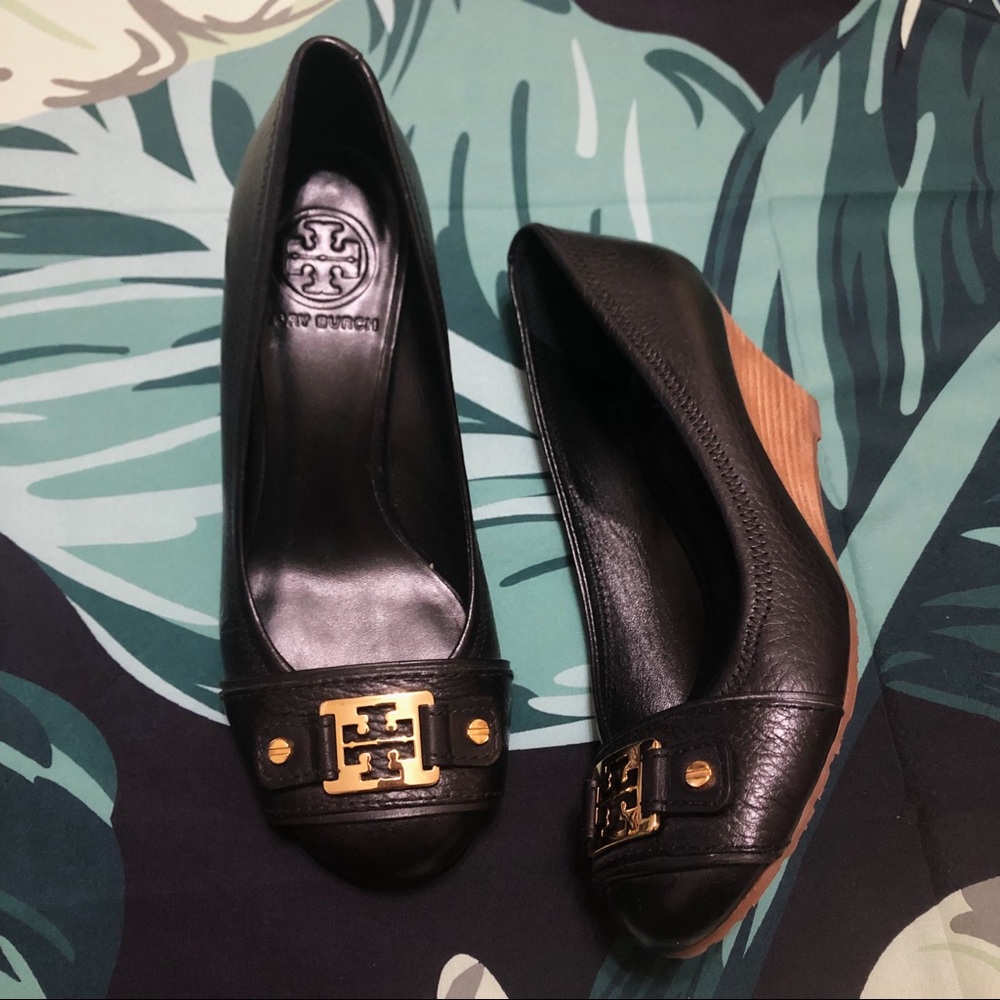 Tory Burch Black Leather Wedge Pumps